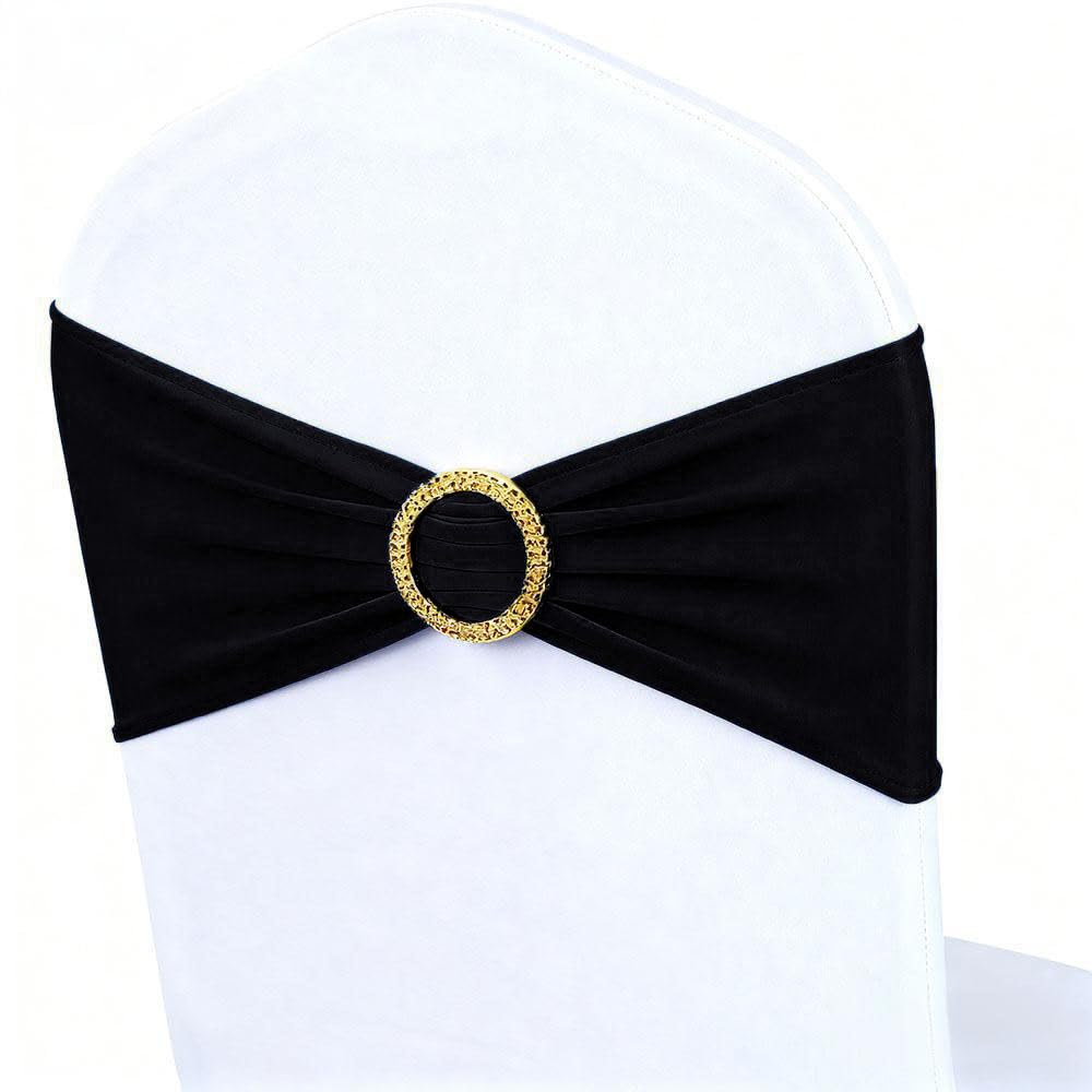 MAGTOWNE Black Chair Sashes 50 Pack with Gold Buckle Slider, Spandex Sashes for Folding Chairs Wedding Party Banquet Décor