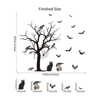 Halloween Horror Tree Wall Decals Scary Gothic Black Crow Bat Cat Wall Stickers Halloween Wallpaper Peel and Stick Removable Wall Art Decal for Bedroom Living Room