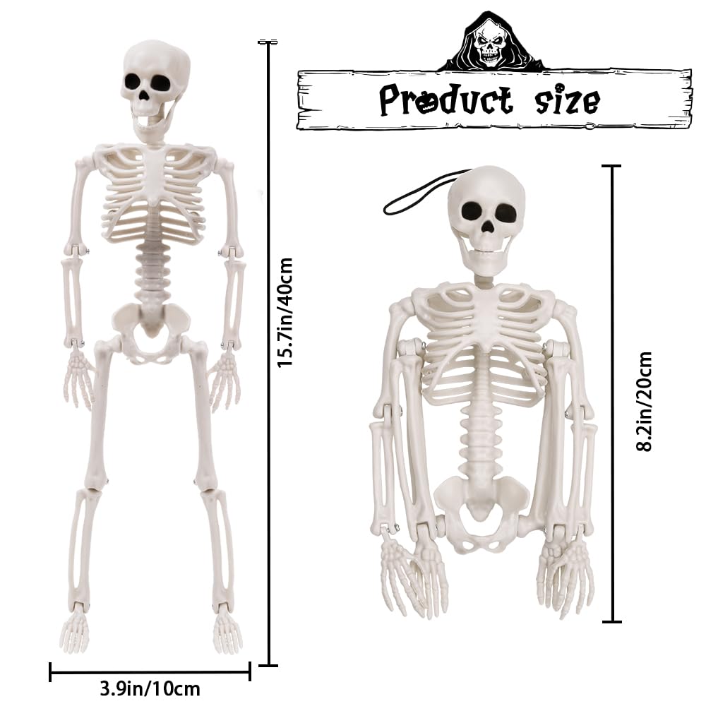 XIMISHOP 5pcs Halloween Skeleton Decoration, 16" Full Body Posable Hanging Skeleton with Movable Joints for Graveyard Haunted House Indoor Outdoor, White