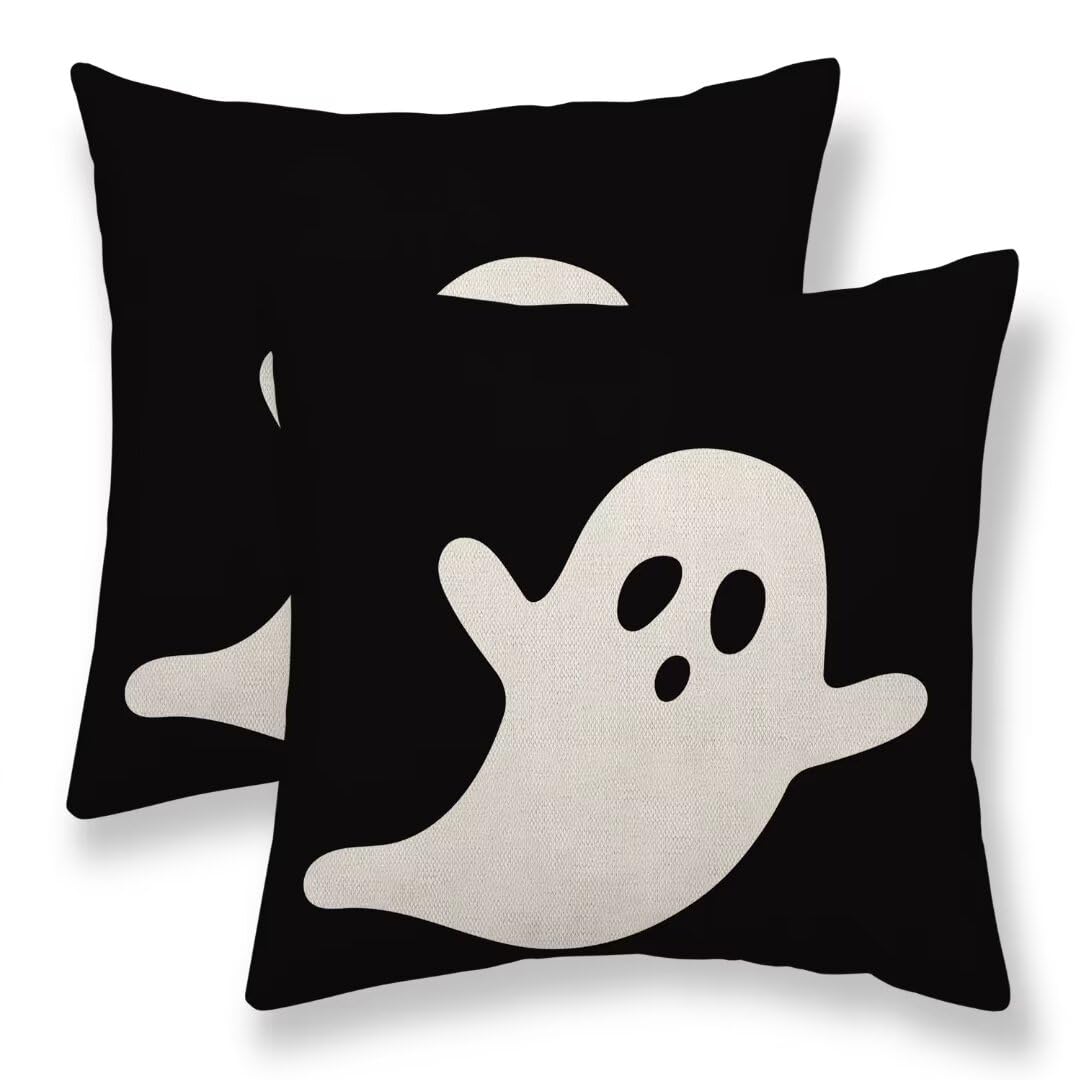 Sunshineyan Halloween Pillow Covers 18X18 Inch Set of 2 Black White Ghost Decor Throw Pillow Covers Halloween Cushion Cases Farmhouse Decorative Outdoor Pillow Covers for Couch Home Sofa Living Room