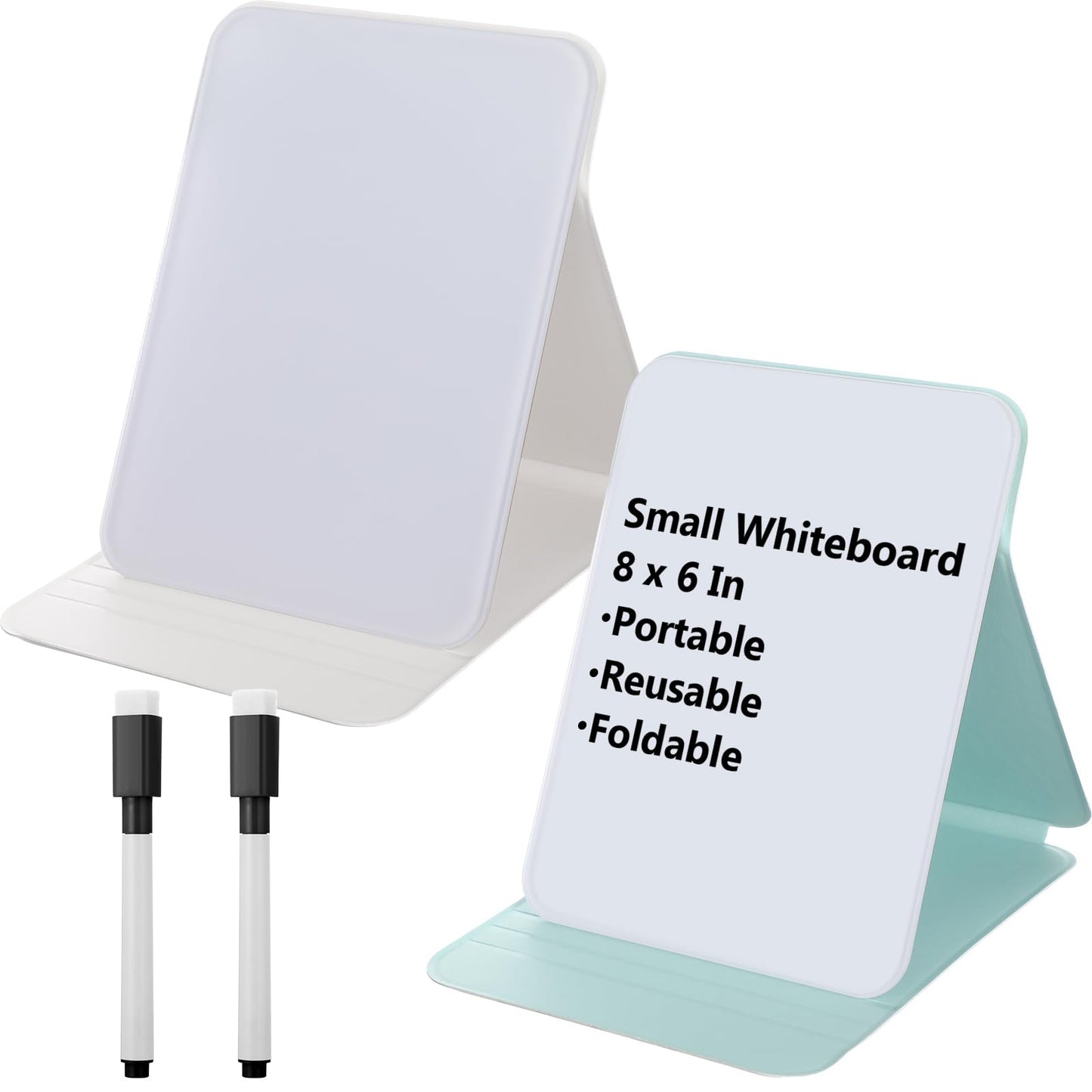Dunzoom 2 Sets 4 Pcs Small Glass Desktop Whiteboard with Reversable Stand 8x6 Inch Mini Dry Erase White Board Easel with 2 Markers Reusable Desk Notepad for Home Office School Supplies (White,Green)