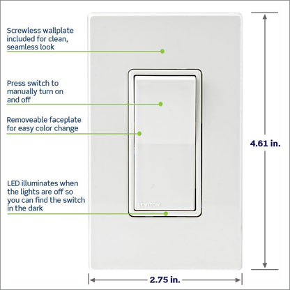 Leviton Decora Smart Switch, Wi-Fi 2nd Gen, Neutral Wire Required, Works with Matter, My Leviton, Alexa, Google Assistant, Apple Home/Siri & Wired or Wire-Free 3-Way, D215S-2RW, White