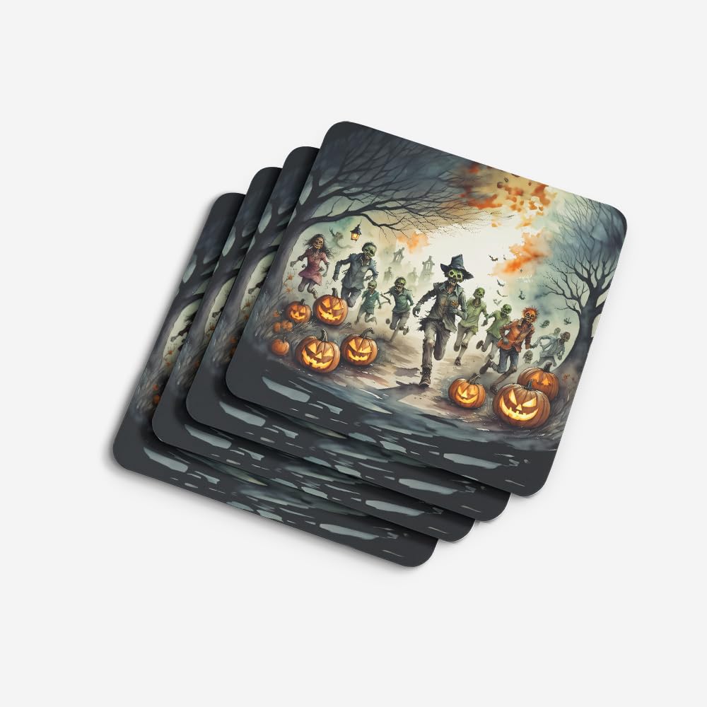 Caroline's Treasures Zombies Spooky Halloween Foam Coaster Set of 4 Cup Coasters for Indoor and Outdoor, Coaster for Tabletop Protection, Anti Slip, Mouse pad Material