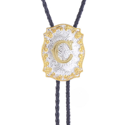 Fibbadet Bolo Tie for Men Initial Letters A-Z Bolo Tie Western Texas Rodeo Cowboy Golden Leather Necktie Necklace Costume Accessories for Husband Wife Halloween Christmas Wedding (C)