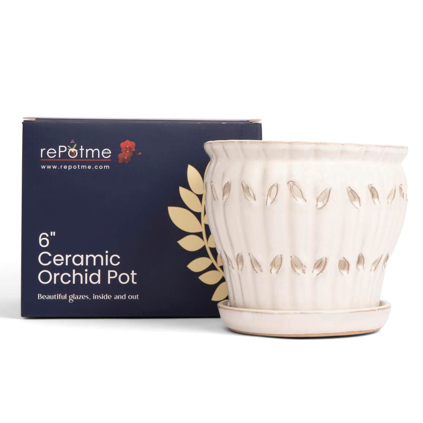 rePotme Orchid Pot - 6 inch Ceramic Pot with Holes, Pinwheel Fluted (White Diamond) - Includes Free 6 inch Slotted Liner