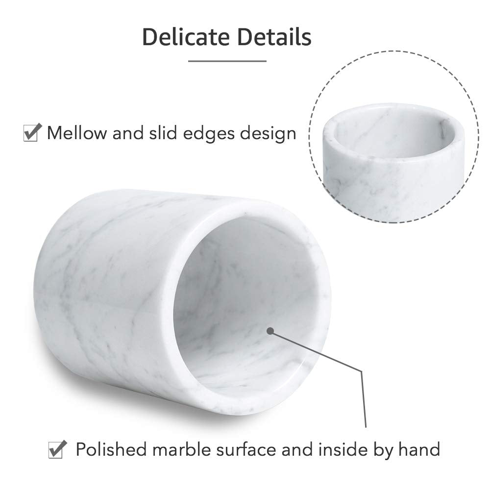 JIMEI Natural Marble Pencil Pen Holder Stand for Desk, Makeup Brush Cup for Girls, Bathroom Tumbler Cup, Durable Office & Home Organizer Pencil Holder (White)