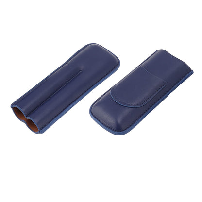 OEBUAFI 2 Finger Faux Leather Cigar Case, Premium Soft Touch Travel Holder with Front Pocket for Cutter, Elegant Sewing Technology Lightweight Durable Men (Blue)