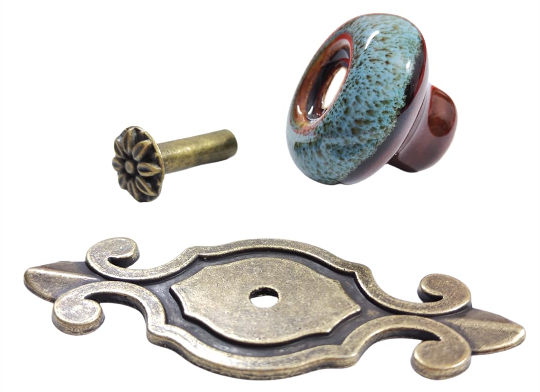 Wannianmu 10 Pack Retro Ceramic Knobs,Vintage Dresser Kitchen Petal Cabinet Pulls Rustic Zinc Alloy Base Back Plate Kid Cupboard Wardrobe Drawer Door Handles (Leopard Print Blue)