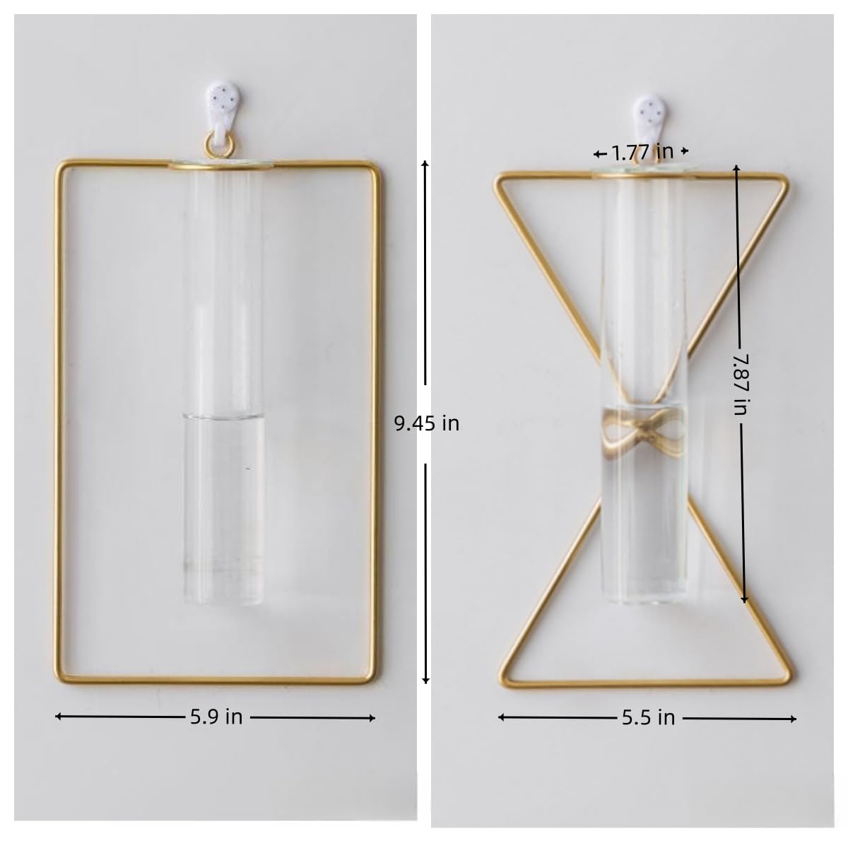 yaocoral 2 Pack Nordic Wall Vase Hanging Geometric Gold Flower Vase Wall Mount Metal Frame Vases Hydroponic Glass Bud Vase Decor for Home Wedding Farmhouse