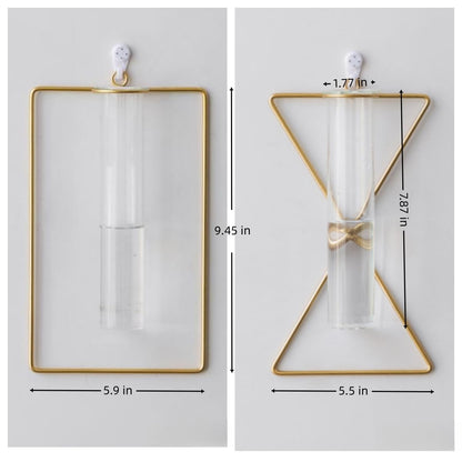 yaocoral 2 Pack Nordic Wall Vase Hanging Geometric Gold Flower Vase Wall Mount Metal Frame Vases Hydroponic Glass Bud Vase Decor for Home Wedding Farmhouse