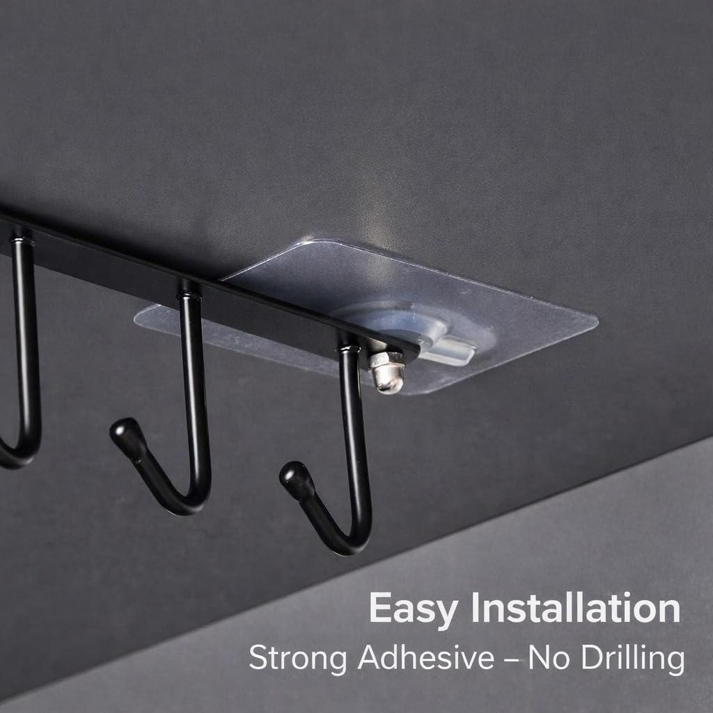 Under Cabinet Mug Holder 2 Pack, 6 Hooks Under Shelf Mug Organizer, Heavy Duty Metal Coffee Cup Holder Rack for Kitchen Cabinet, Space Saving Hanging Storage