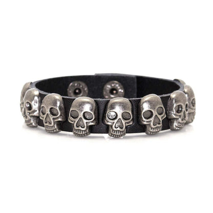 Xusamss Punk Rock Alloy Buckle Leather Wristband Skull Cuff Bracelet(Black Leather)