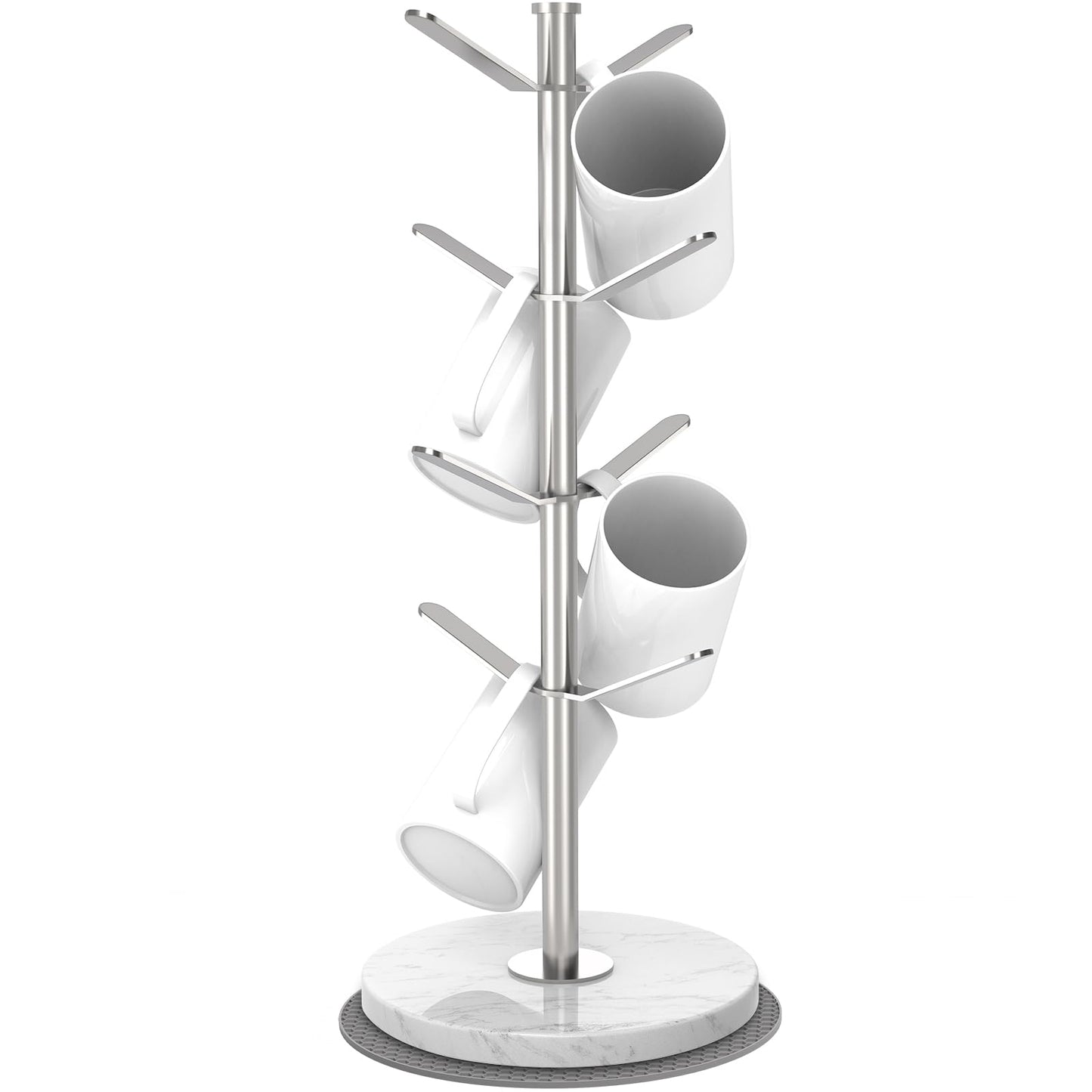 ZYZWTG Marble Mug Holder Tree with 8 Hooks, Detachable Stainless Steel Coffee Cup Holder, 2-8 Hooks Freely Adjustable, Modular Height, Heavy Duty Base Kitchen Countertop Organizer, Silver