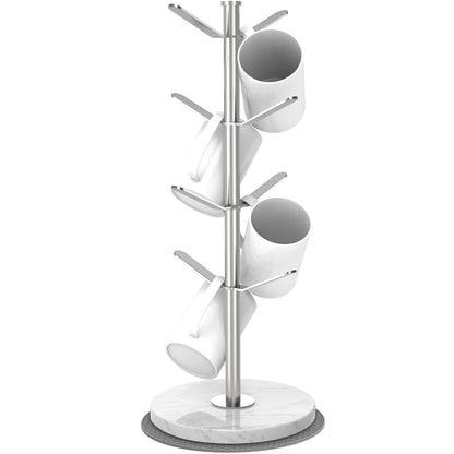 ZYZWTG Marble Mug Holder Tree with 8 Hooks, Detachable Stainless Steel Coffee Cup Holder, 2-8 Hooks Freely Adjustable, Modular Height, Heavy Duty Base Kitchen Countertop Organizer, Silver