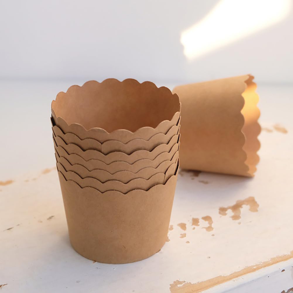 GSHLLO 50 Pcs Scalloped Edge Cupcake Liners Brown Paper Baking Cups Non Stick Cupcake Holder Papers Wedding Birthday Cup Cake Wrappers Greaseproof Muffin Cups for Party Daily Life
