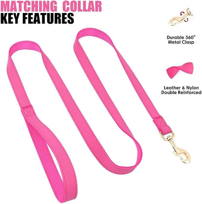 PET ARTIST Soft PU Leather Dog Collar and Leash Set, Bright & Stylish 5FT PU Leather Leash and Collar Set, Durable Pet Collars with Quick Release Metal Buckle for Large Dogs,Hot Pink,L(16-27")
