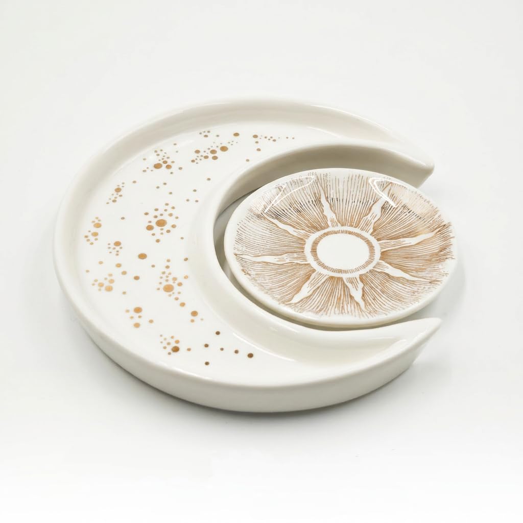 Ceramic Jewelry Dish Tray 2-Pack, Sun and Moon Ring Holder for Earrings, Key bowl, Unique Vanity Decor for Bedroom, Small Trinket Plate for Women Mom Daughter Bride Gifts,Engagement Birthday Gift