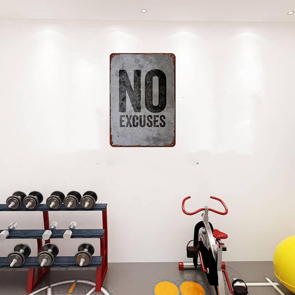GYM Metal Tin Sign No Excuses Retro Poster Motivational Quote Gym Signs For Cafe Bar Gym Living Room Bathroom Kitchen Home Art Wall Decoration Plaque Gift 8x12 Inch