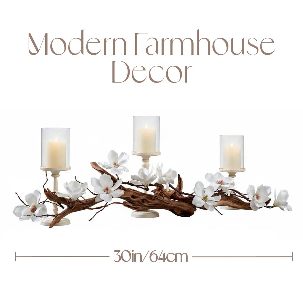 Magnolia Vine Driftwood Farmhouse Table Centerpiece - 3pc Candle Holder Set - Floral Table Decor for Dining Room, Living Room, Mantle & Weddings (Ivory)
