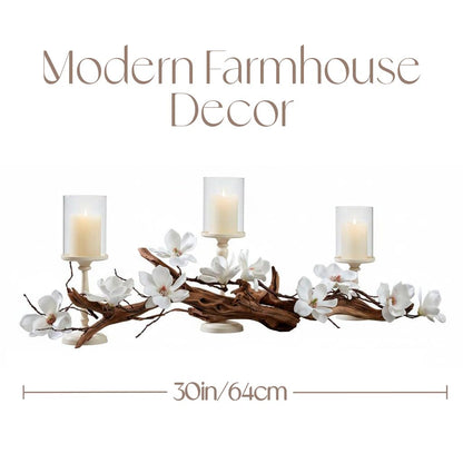 Magnolia Vine Driftwood Farmhouse Table Centerpiece - 3pc Candle Holder Set - Floral Table Decor for Dining Room, Living Room, Mantle & Weddings (Ivory)