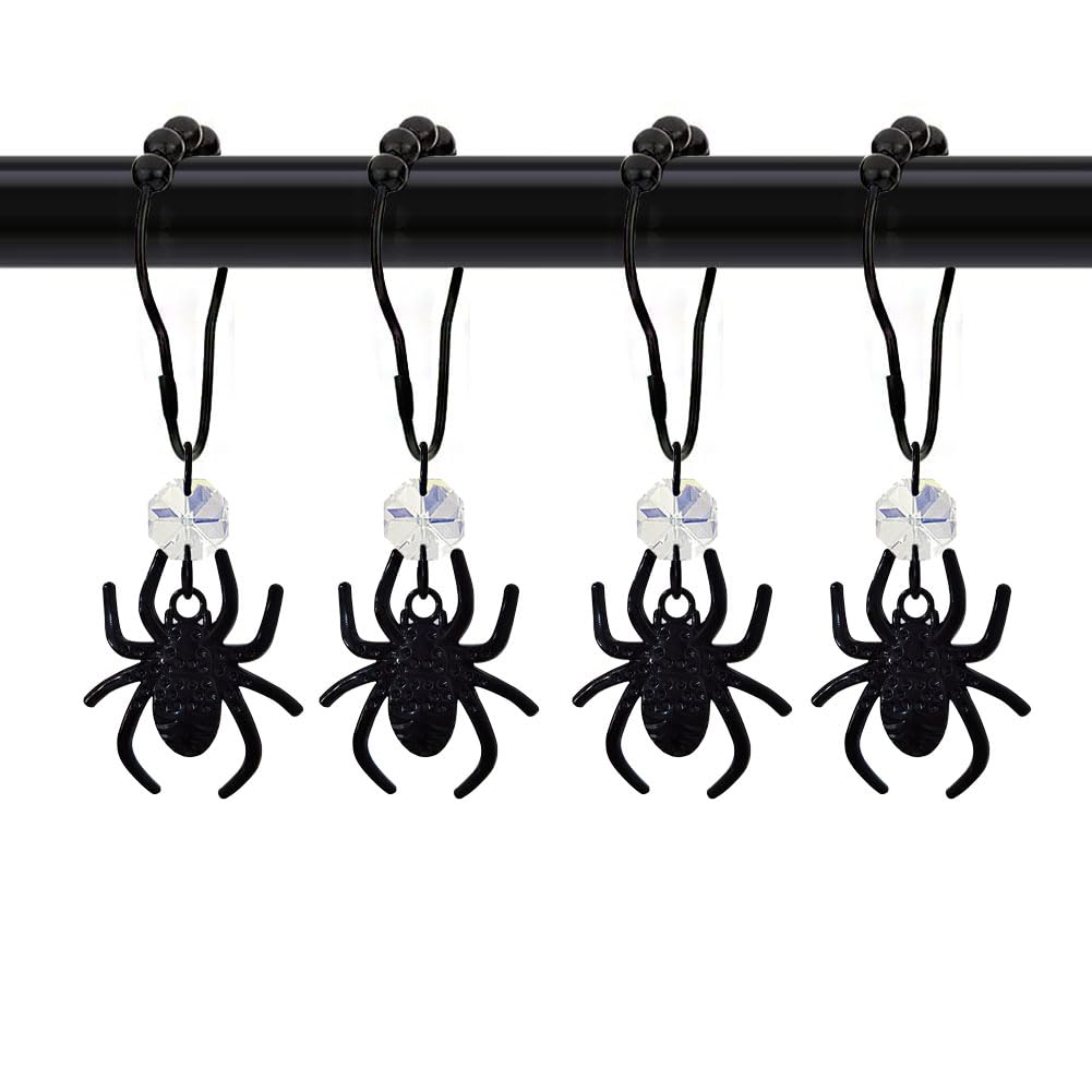 Black Spider Shower Curtain Hooks for Decorative Spiderman Bathroom Set，Stainless Steel Rustproof Shower Hooks, Halloween Boy Spiderman Theme Element Decor 12PCS (Black)