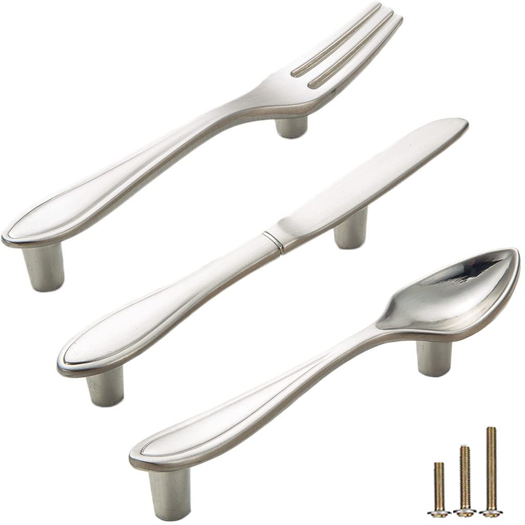 Sinyiol 3Pcs Funny Cutlery Tableware Cabinet Pulls,Creative Spoon Fork Knife Shape 3" Hole Center Vintage Kitchen Cupboard Pulls Handles,Cute and Fun (Mixed Pack, Silver, 3Pcs)