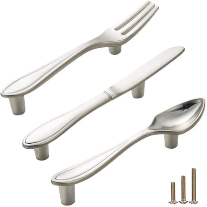 Sinyiol 3Pcs Funny Cutlery Tableware Cabinet Pulls,Creative Spoon Fork Knife Shape 3" Hole Center Vintage Kitchen Cupboard Pulls Handles,Cute and Fun (Mixed Pack, Silver, 3Pcs)