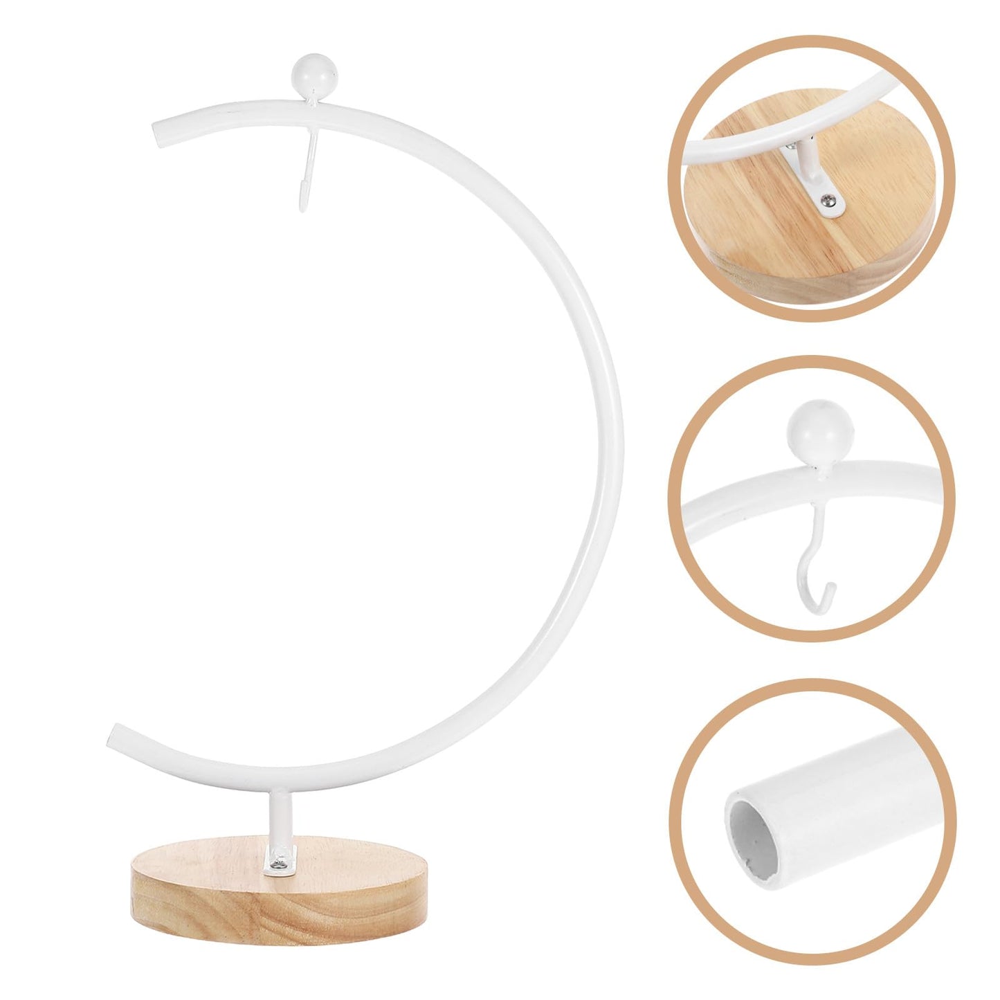 Toyvian G-shaped Hanging Globe Holder with Wooden Base, Metal Terrarium Display Stand for 12-20cm Diameter Glass Ornaments, Indoor Home Decoration Hook Rack for Air Plants and Hanging
