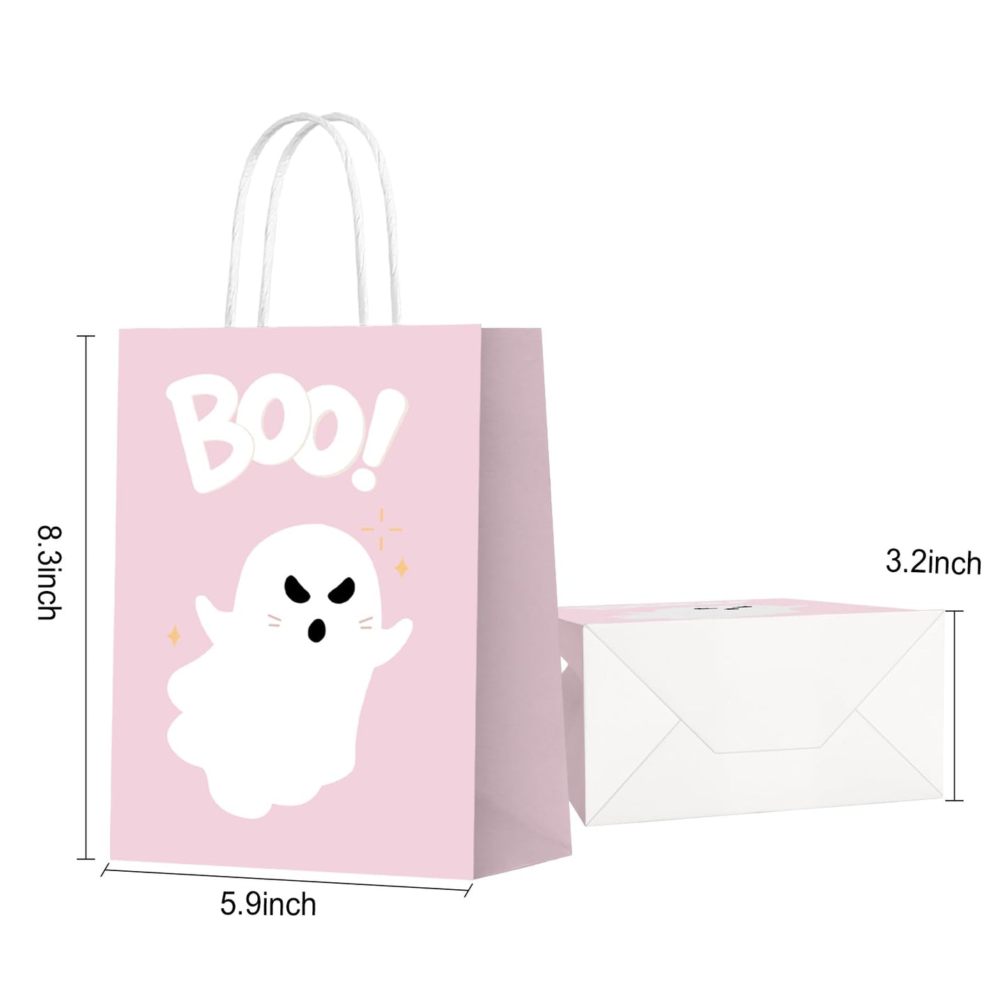 KERINGO 16 PCS Halloween Kraft Paper Gift Bags Pink Ghost Boo Design with Handles for Halloween Themed Trick or Treat Party Favors Supplies