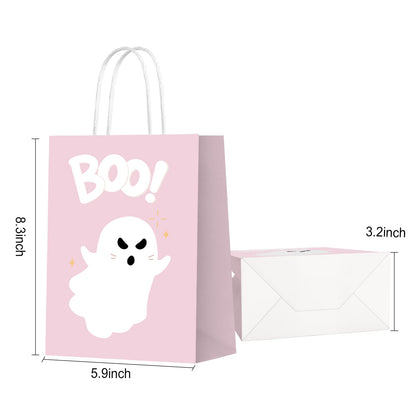 KERINGO 16 PCS Halloween Kraft Paper Gift Bags Pink Ghost Boo Design with Handles for Halloween Themed Trick or Treat Party Favors Supplies