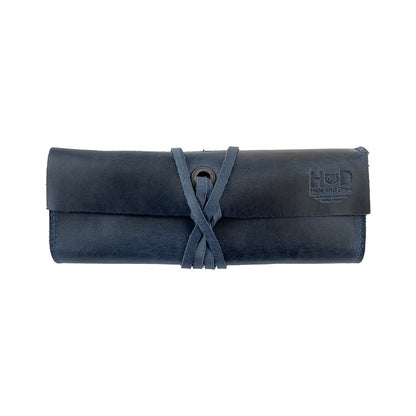 Hide & Drink, Rustic Pencil Roll Pouch, Multi-Purpose Storage Wrap for Scissors, Earphones, Organizer for Craft, Full Grain Leather, Handmade, Slate Blue