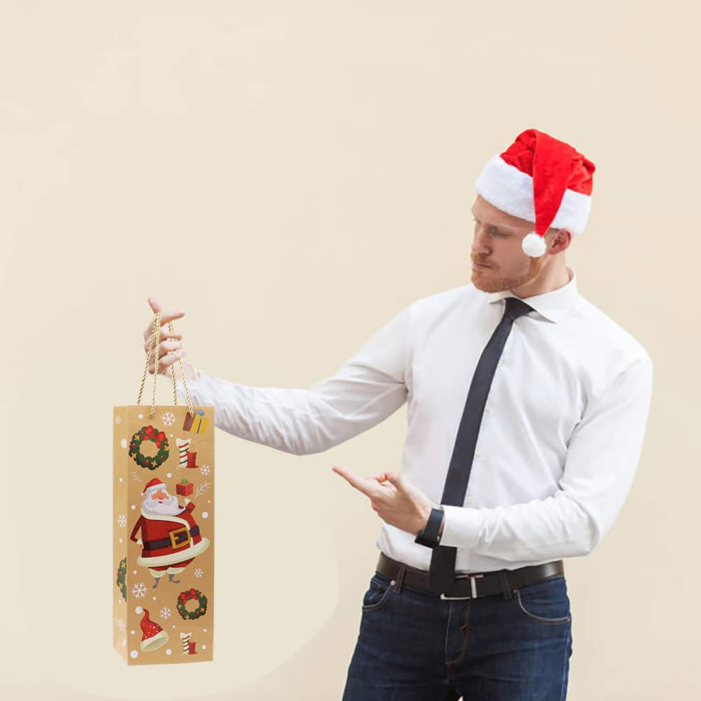 VEYLIN 12Pcs Christmas Wine Tote Bags, Xmas Thick Kraft Paper Gift Bags for Wine Bottle Wrapping