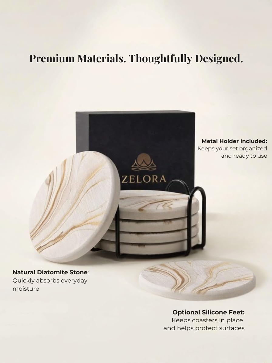 Zelora Absorbent Stone Coasters Set of 6 with Holder – Diatomite Drink Coasters for Cups & Table Protection, Modern Coffee Table, Office Desk & Bar Decor, Outdoor Patio Use, Gift-Ready
