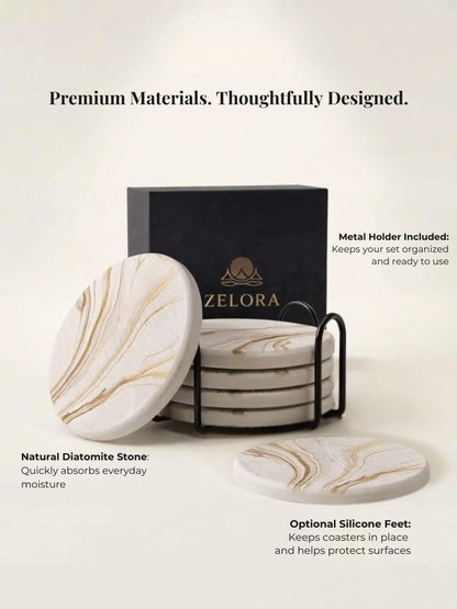 Zelora Absorbent Stone Coasters Set of 6 with Holder – Diatomite Drink Coasters for Cups & Table Protection, Modern Coffee Table, Office Desk & Bar Decor, Outdoor Patio Use, Gift-Ready
