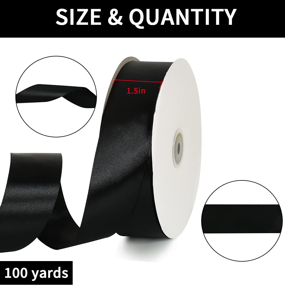 TONIFUL 1-1/2 Inch (40mm) x 100 Yards Black Wide Satin Ribbon Solid Fabric Ribbon for Gift Wrapping Chair Sash Valentine's Day Wedding Birthday Party Decoration Halloween Craft Sewing