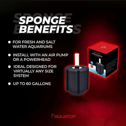 Aquatop Internal Sponge Filter – Mechanical & Biological Filtration – Compatible with Air Pumps or Powerheads – Up to 60 Gallons – CAF-60