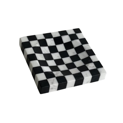 StonePlus Marble Stone Black and White Checkerboard Square Small Splicing Mosaic Tray Jewelry Dish (Black and White)