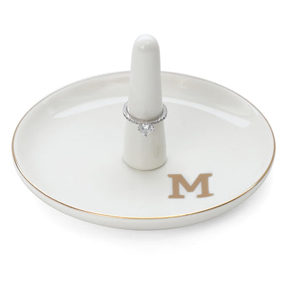 HOME SMILE Initials Ring Holder Jewery Tray with personalized M-Monogrammed Engagement Gifts for Friends,Birthday Mother's Day Christmas Gifts for Women,Ceramic White