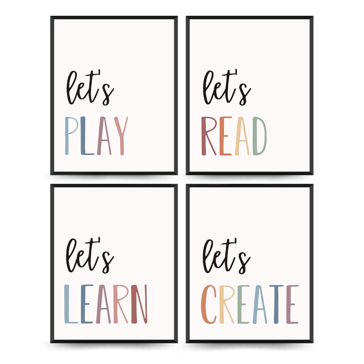 PLKMN Let's Play Read Wall Art Prints Decor Set of 4 - Play Room Essentials, Boho Neutral Let's Learn Let's Create