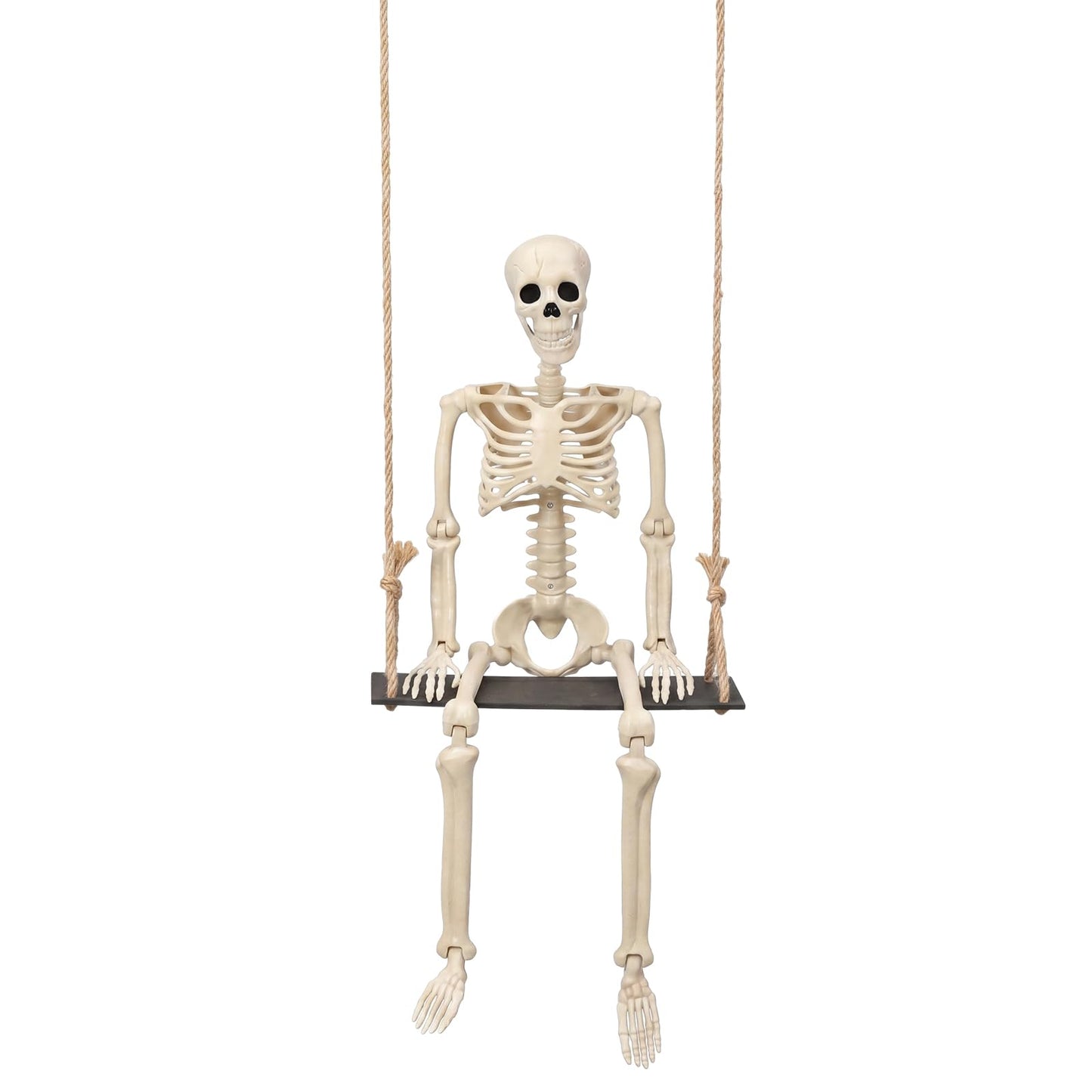 Sintuff Halloween Swinging Skeleton on Swing, Outdoor Swinging Ghost Decor, 35.4" Hanging Skeleton with 13.8" Wooden Seat for Yard, Porch, Tree, Spooky Halloween Decorations