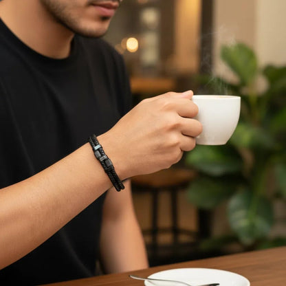HAVRESSE black genuine leather bracelet for men with adjustable stainless steel magnetic clasp - multi-layer braided rope design - stylish bracelet for men Fits wrist sizes 6.1-7.5 inches.