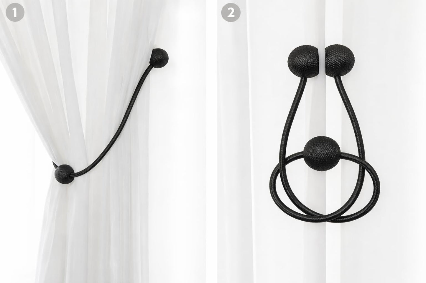 Black Summit Trading Company Magnetic Curtain Tiebacks – No Drill Curtain Holdbacks with Strong Magnets – Modern Curtain Tie Backs for Drapes & Sheer Curtains – Easy Wrap Magnetic Curtain Holders