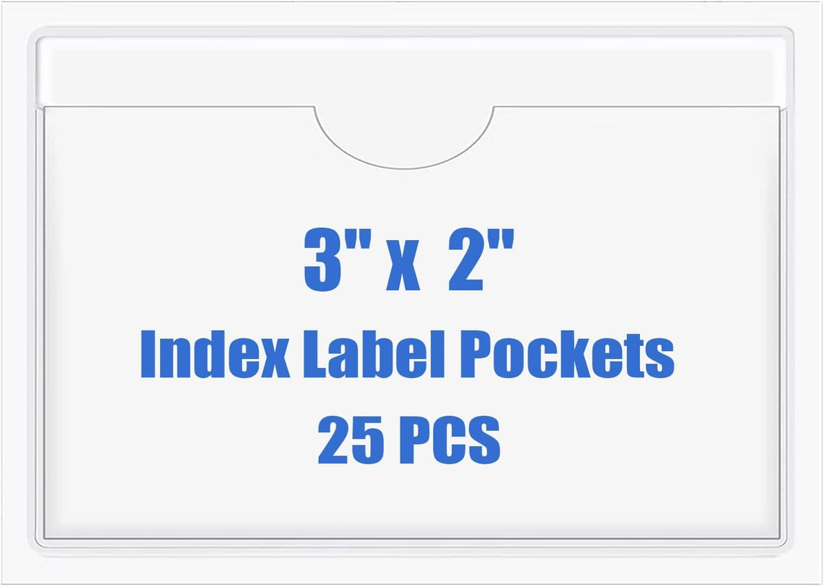 Origin-Joy 25 PCS Self-Adhesive Index Label Pockets, Clear Plastic Peel & Stick Card Holders with Top Open for Loading (3 x 2 inch)