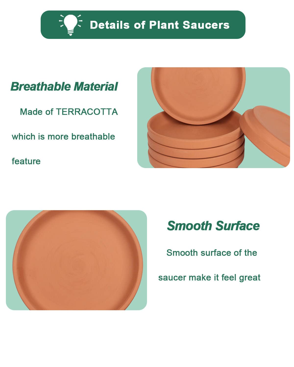 Large Ceramic Plant Saucer and Small Terracotta Pot Plant Saucer - 4 Pcs 7 Inch Black Ceramic Plant Tray and 4 pcs 8 Inch Terracotta Plant Saucer for 4,6,7 Inch Plant Pots with Drainage Hole and Gre