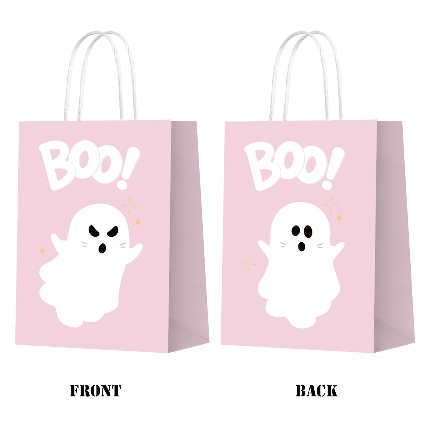 KERINGO 16 PCS Halloween Kraft Paper Gift Bags Pink Ghost Boo Design with Handles for Halloween Themed Trick or Treat Party Favors Supplies