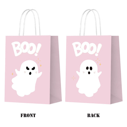 KERINGO 16 PCS Halloween Kraft Paper Gift Bags Pink Ghost Boo Design with Handles for Halloween Themed Trick or Treat Party Favors Supplies