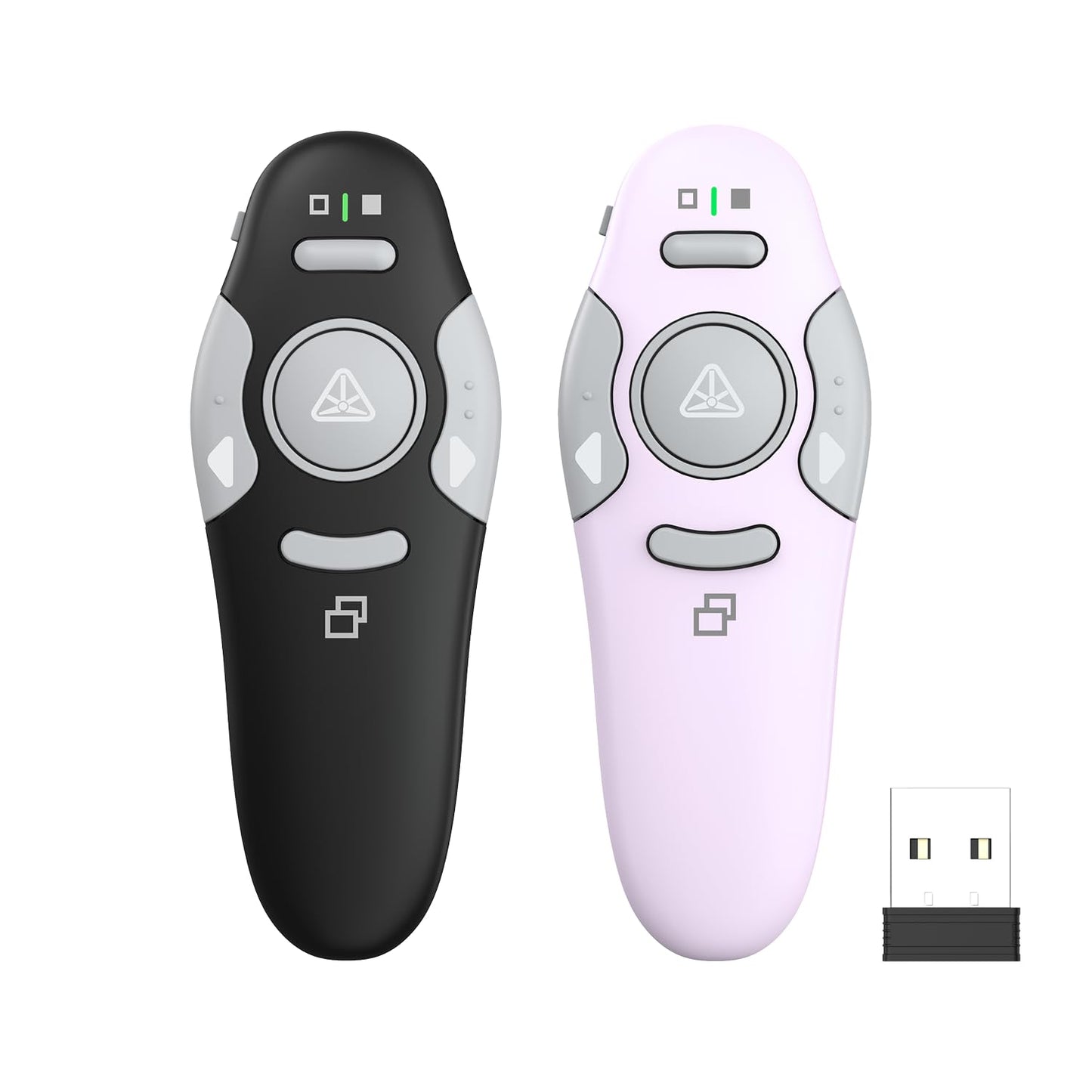 QUI 2 Pack Presentation Clicker, Wireless Presenter Remote Clicker for PowerPoint, Slide Advancer for Mac, Windows, Google Slide, Keynote (USB, Black Purple)