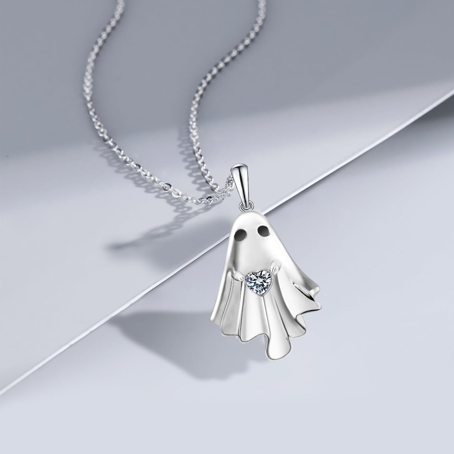 Halloween Ghost Necklace for Women S925 Sterling Silver Spooky Ghost Pendant With Heart Cz for Women Halloween Jewelry Gift