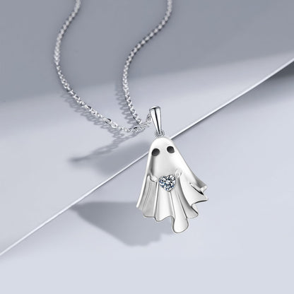 Halloween Ghost Necklace for Women S925 Sterling Silver Spooky Ghost Pendant With Heart Cz for Women Halloween Jewelry Gift