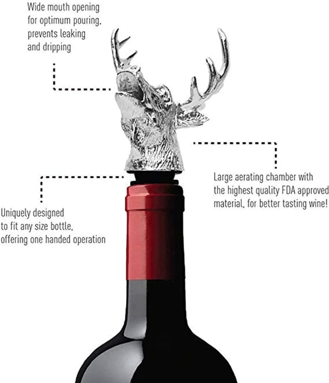 Reindeer Pourer and Deer Head Wine Corks, Bar and Household Wine Corks, Animal Wine Pourer (Silver)